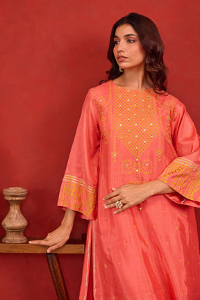 Coral Bandhani Print Embroidered Art Silk Co-ord Set - Tara-C-Tara