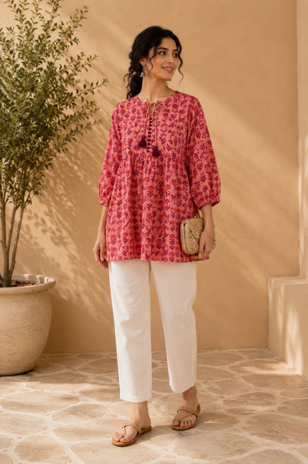 Coral Floral Block Print Peplum Top - Tara-C-Tara