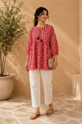 Coral Floral Block Print Peplum Top - Tara-C-Tara