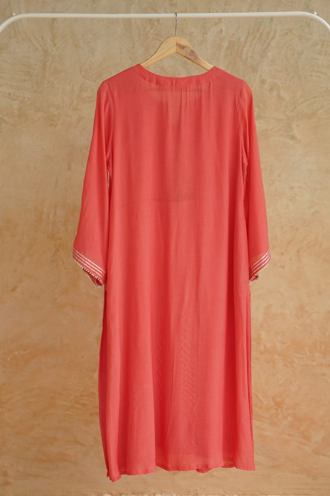 Coral Geometic Gota Embriodered Cotton Silk Long Kurta - Tara-C-Tara