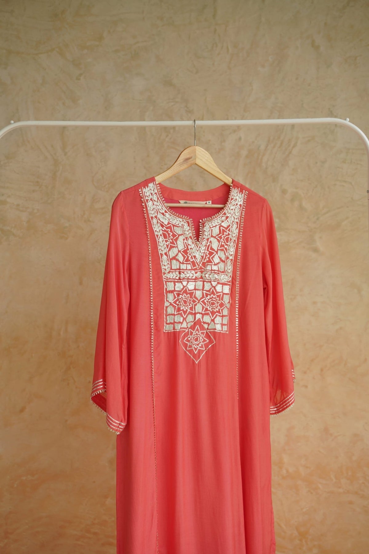 Coral Geometic Gota Embriodered Cotton Silk Long Kurta - Tara-C-Tara