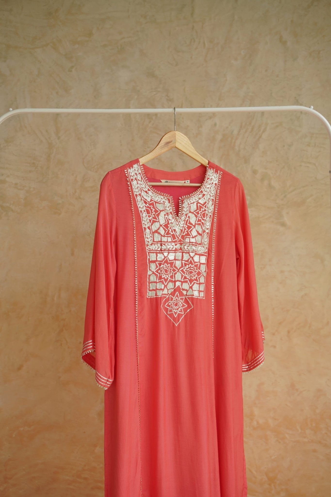 Coral Geometic Gota Embriodered Cotton Silk Long Kurta - Tara-C-Tara