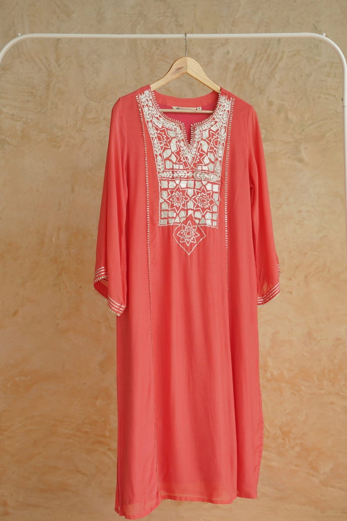 Coral Geometic Gota Embriodered Cotton Silk Long Kurta - Tara-C-Tara