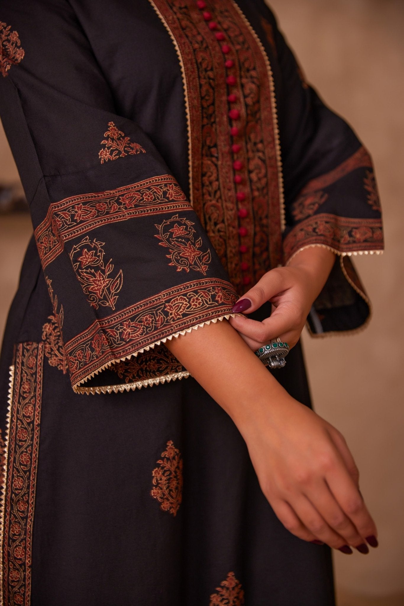 Cotton Black Hand Block Gold Printed Coord Set - Tara - C - Tara