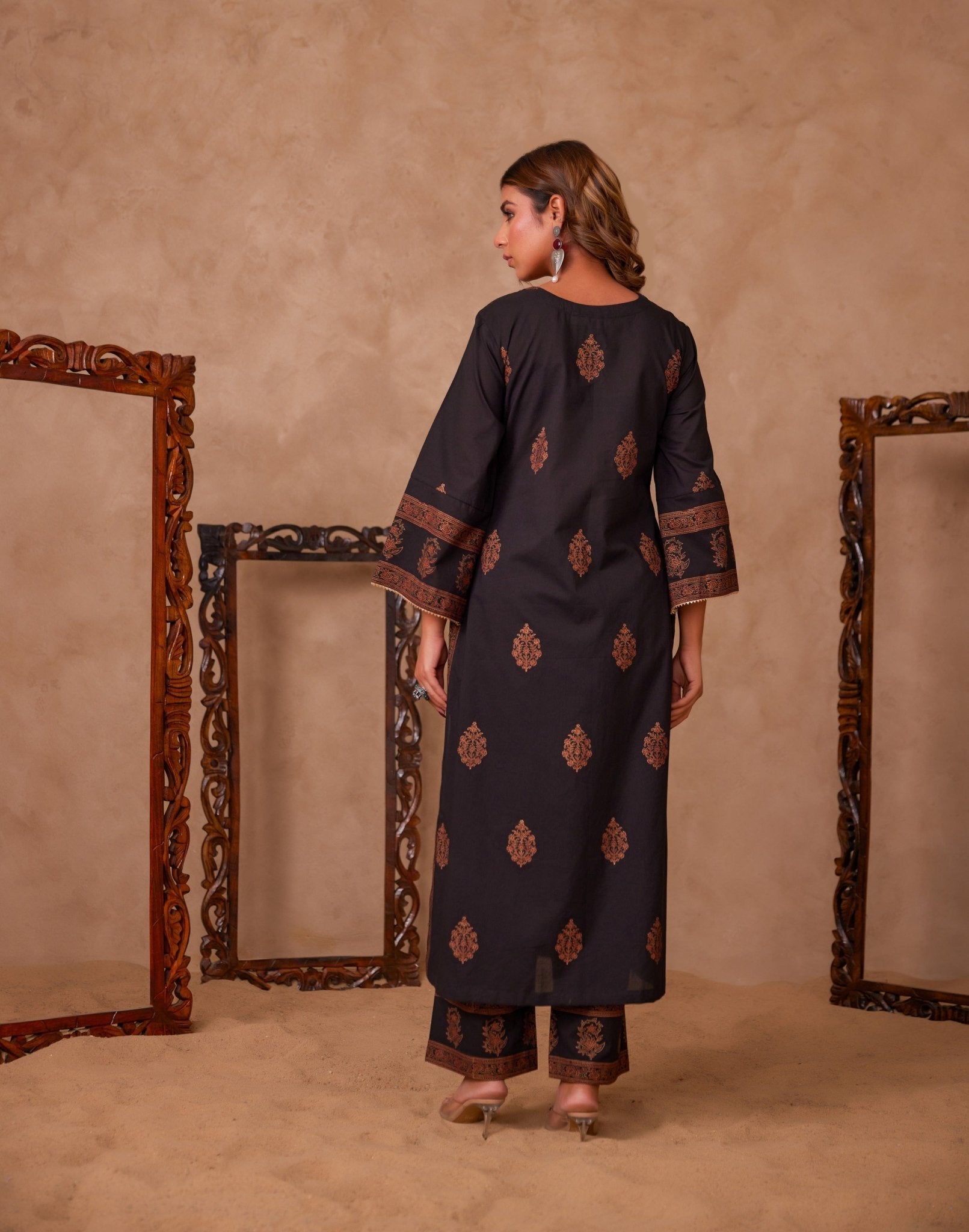 Cotton Black Hand Block Gold Printed Coord Set - Tara - C - Tara