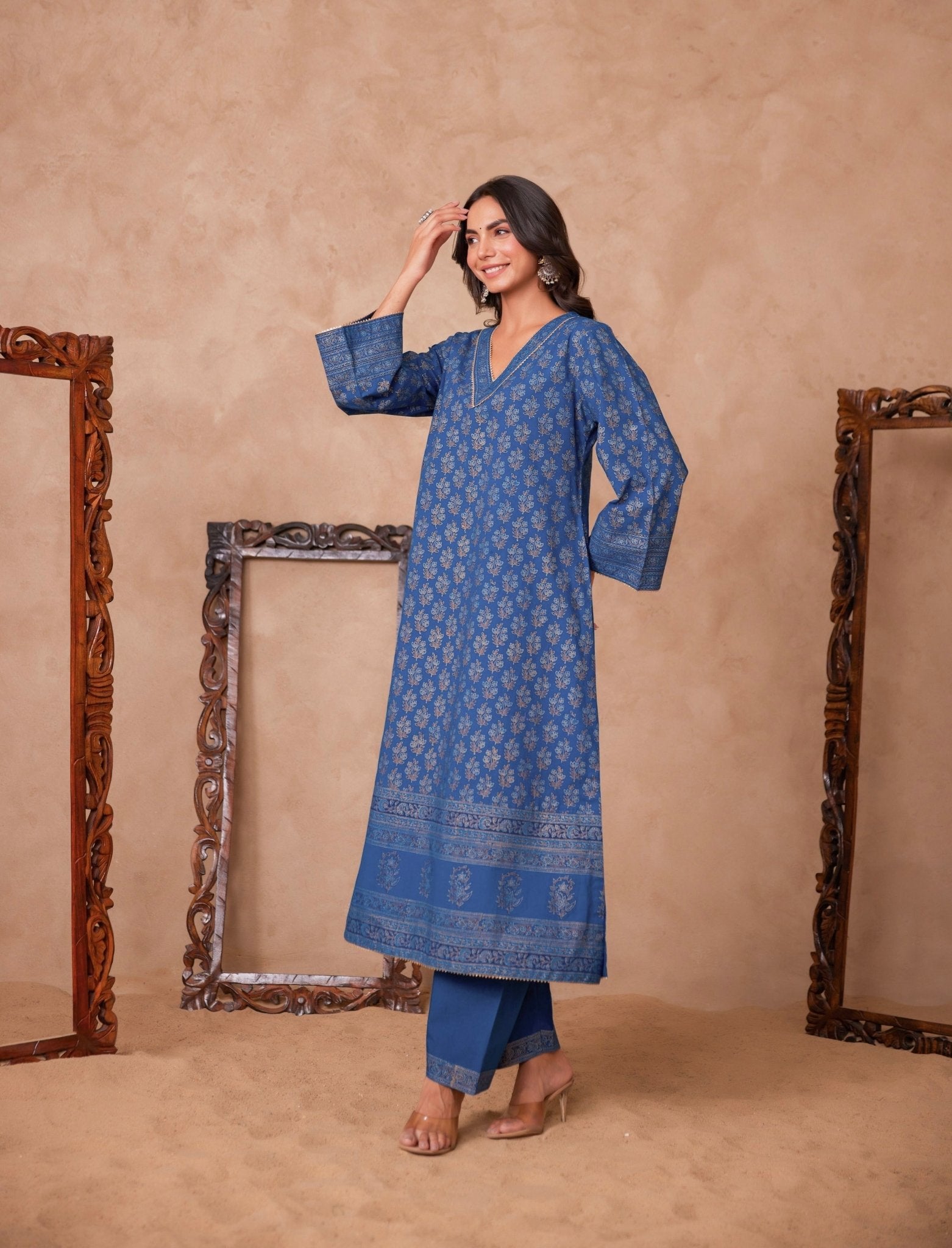 Cotton Blue Hand Block Gold Printed Coord Set - Tara - C - Tara