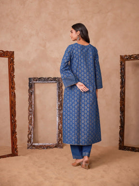 Cotton Blue Hand Block Gold Printed Coord Set - Tara - C - Tara