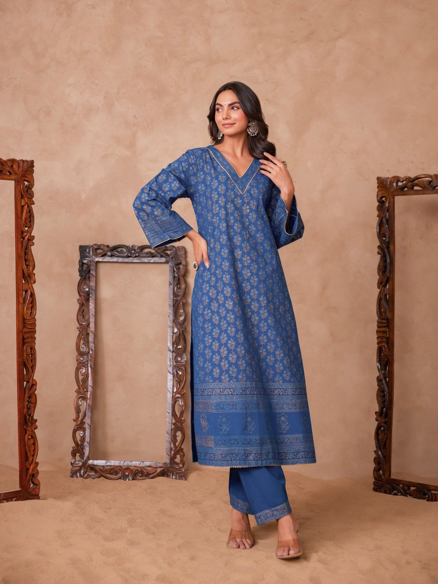 Cotton Blue Hand Block Gold Printed Coord Set - Tara - C - Tara