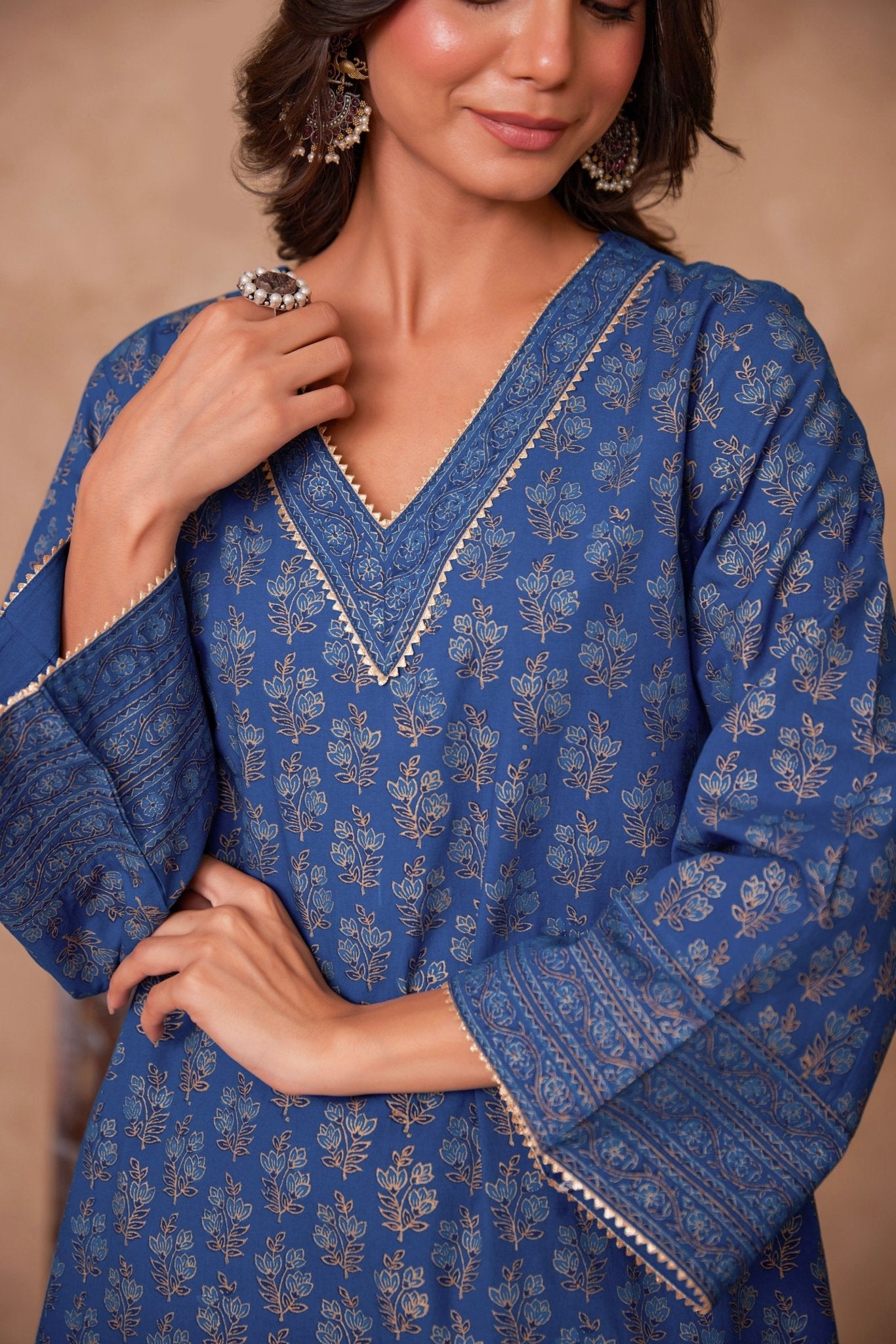 Cotton Blue Hand Block Gold Printed Coord Set - Tara - C - Tara