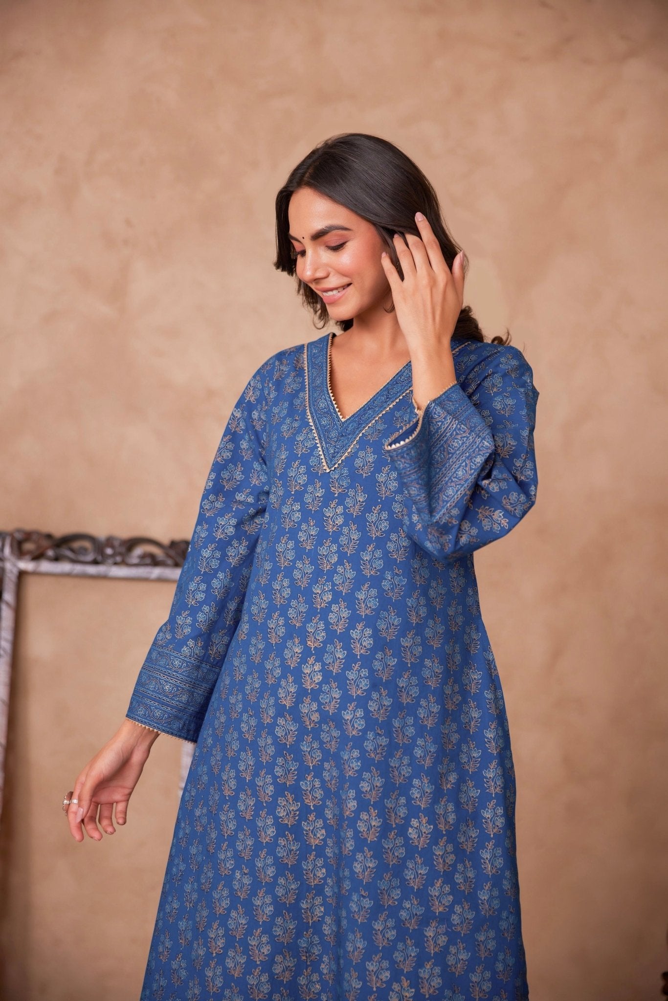 Cotton Blue Hand Block Gold Printed Coord Set - Tara - C - Tara