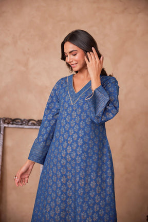 Cotton Blue Hand Block Gold Printed Coord Set - Tara - C - Tara
