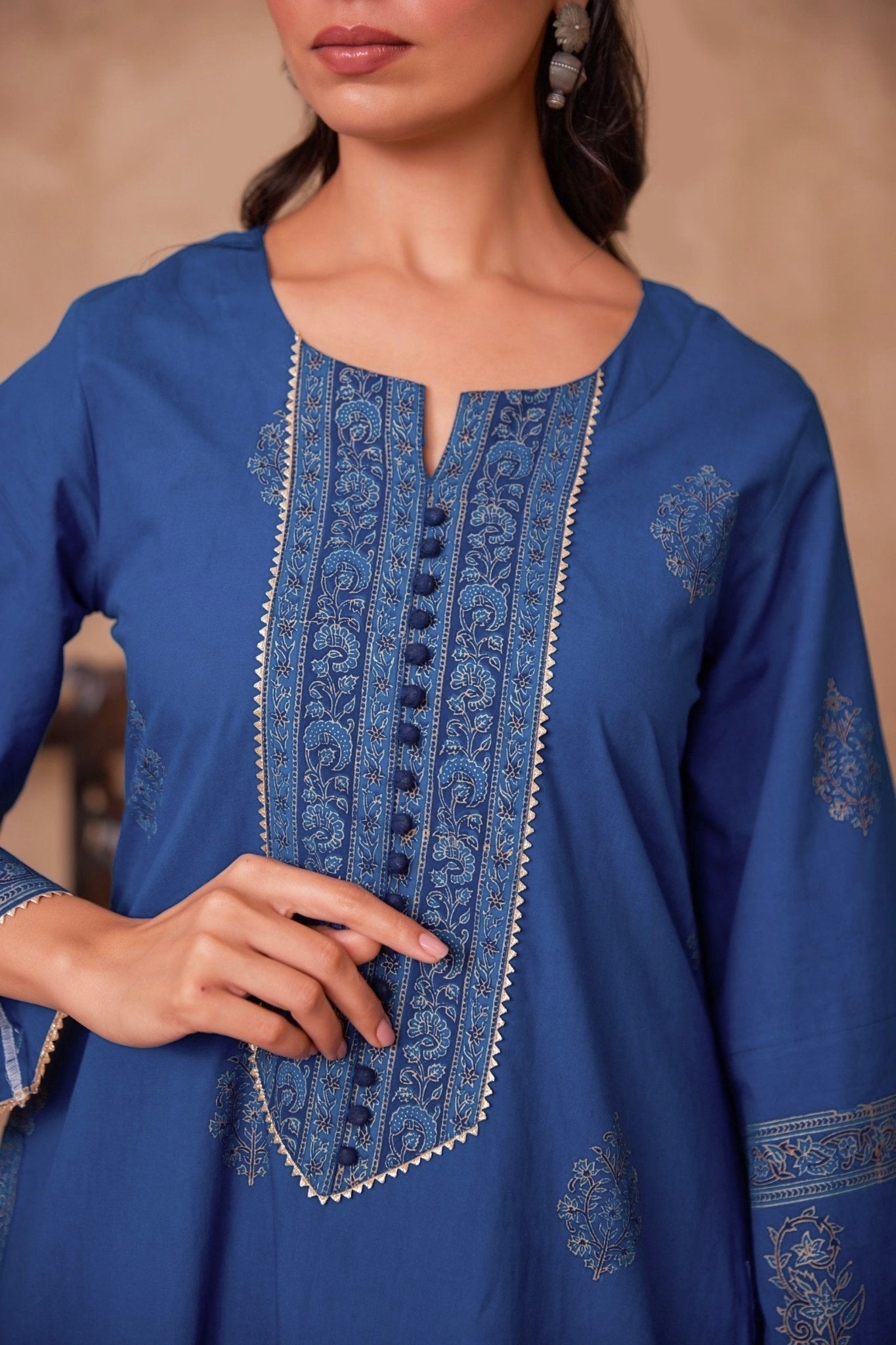 Cotton Blue Hand Block Gold Printed Coord Set - Tara - C - Tara