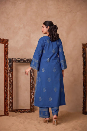 Cotton Blue Hand Block Gold Printed Coord Set - Tara - C - Tara