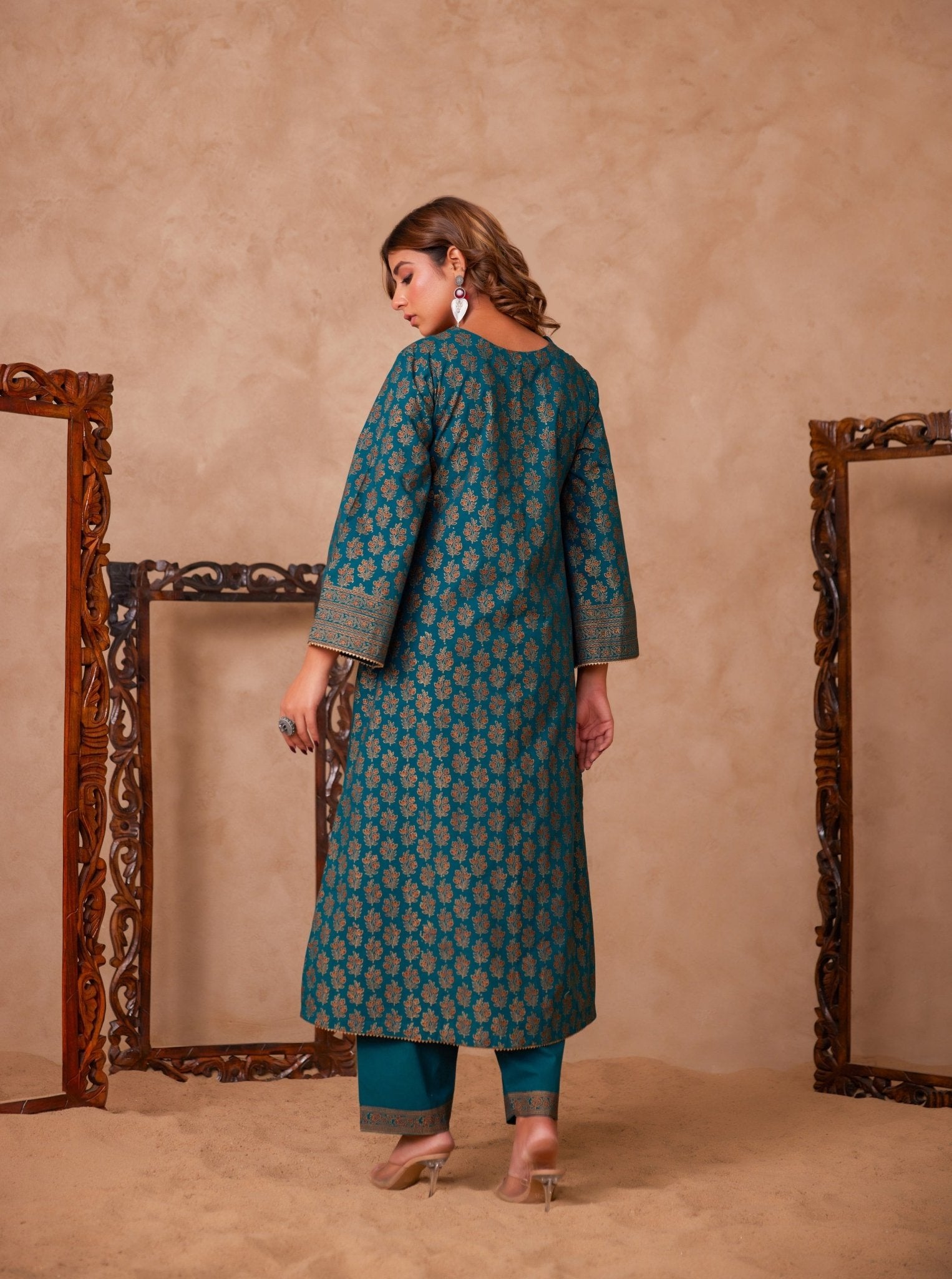 Cotton Green Hand Block Gold Printed Coord Set - Tara - C - Tara