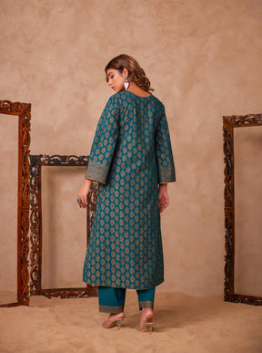 Cotton Green Hand Block Gold Printed Coord Set - Tara - C - Tara