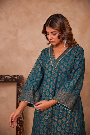 Cotton Green Hand Block Gold Printed Coord Set - Tara - C - Tara