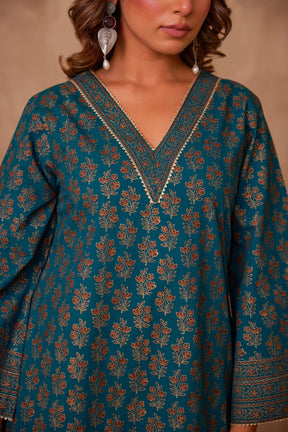 Cotton Green Hand Block Gold Printed Coord Set - Tara - C - Tara