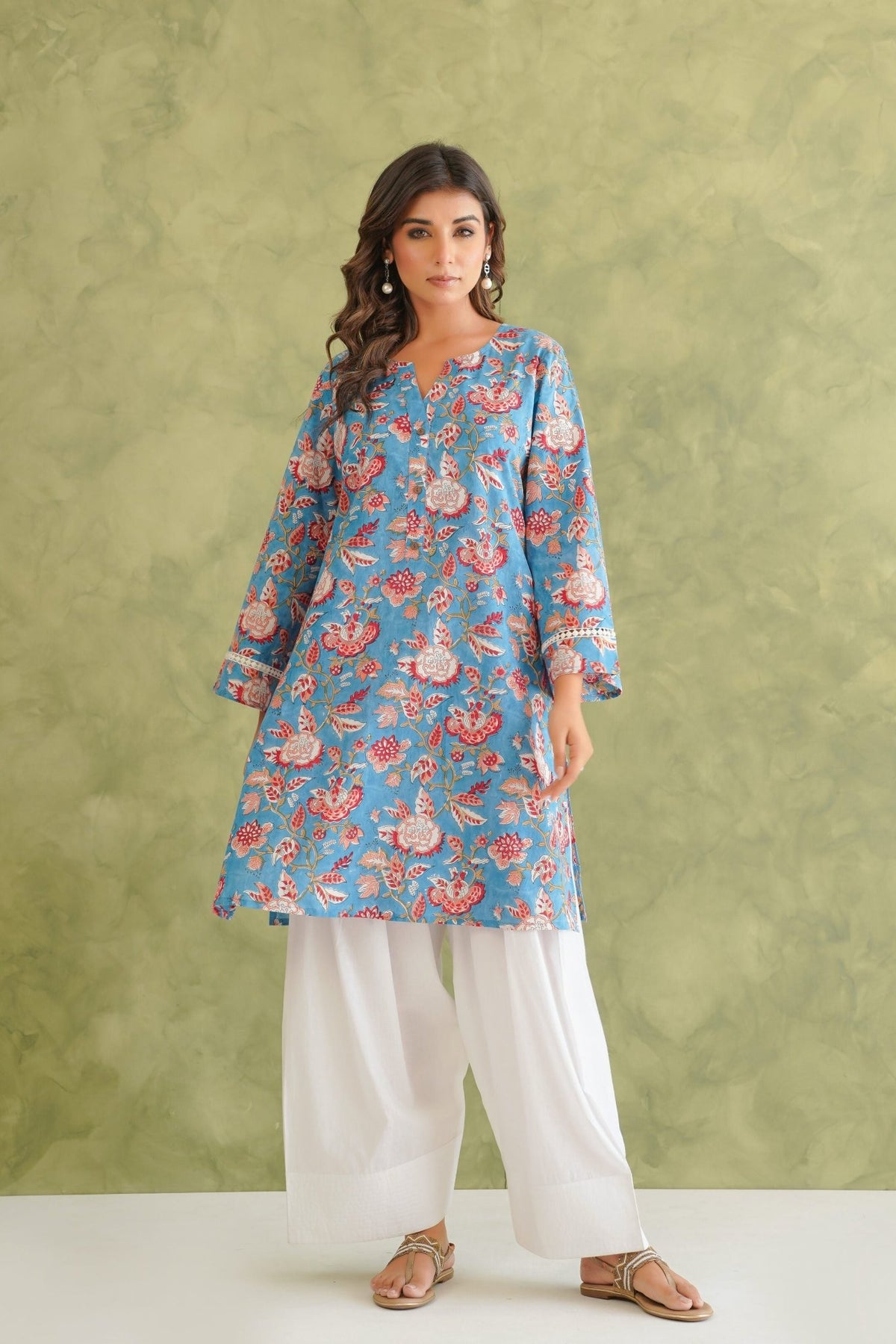 Cotton hand block Printed Kurta with farshi Salwar Coord Set - Tara - C - Tara