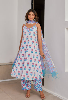Cotton Hand Block Printed Strappy Kurta Set With Dupatta - Tara - C - Tara