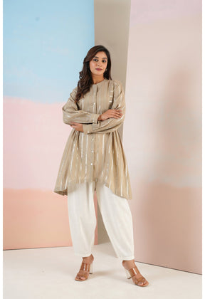 Cotton lurex Beige asymmetric Kurta - Tara - C - Tara