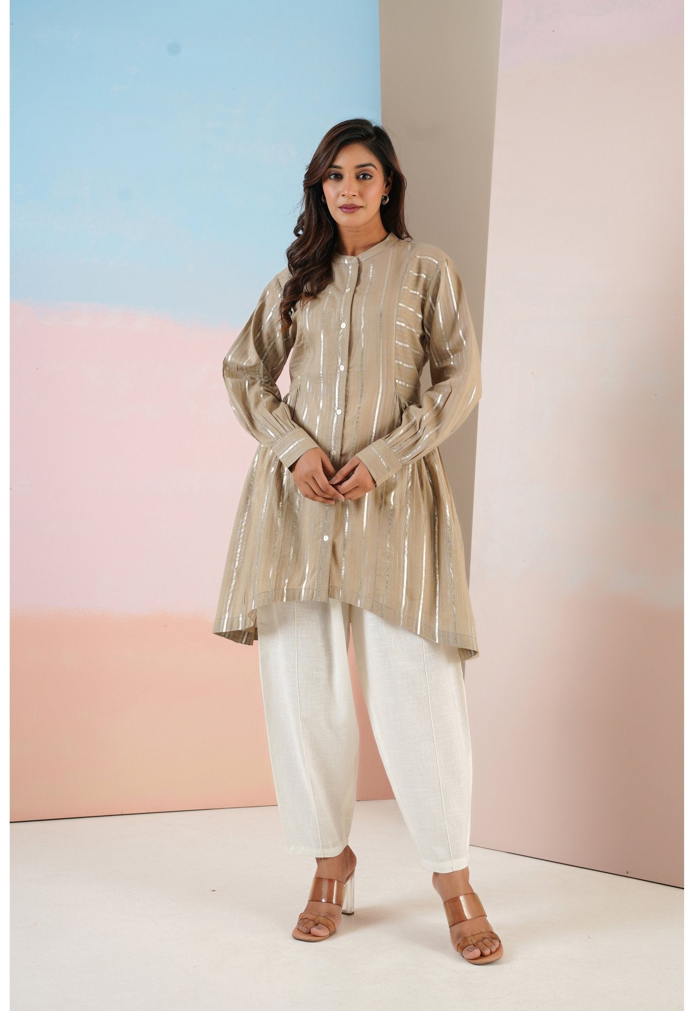 Cotton lurex Beige asymmetric Kurta - Tara - C - Tara