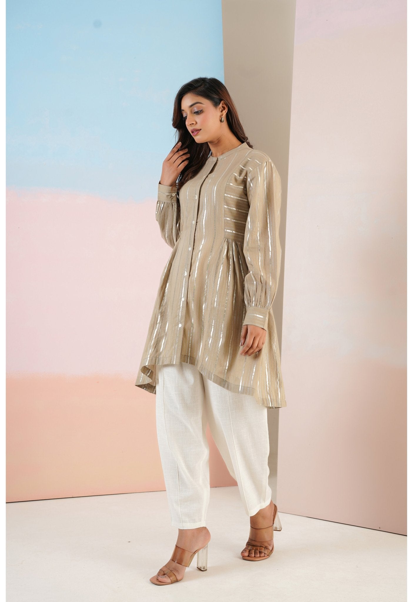 Cotton lurex Beige asymmetric Kurta - Tara - C - Tara