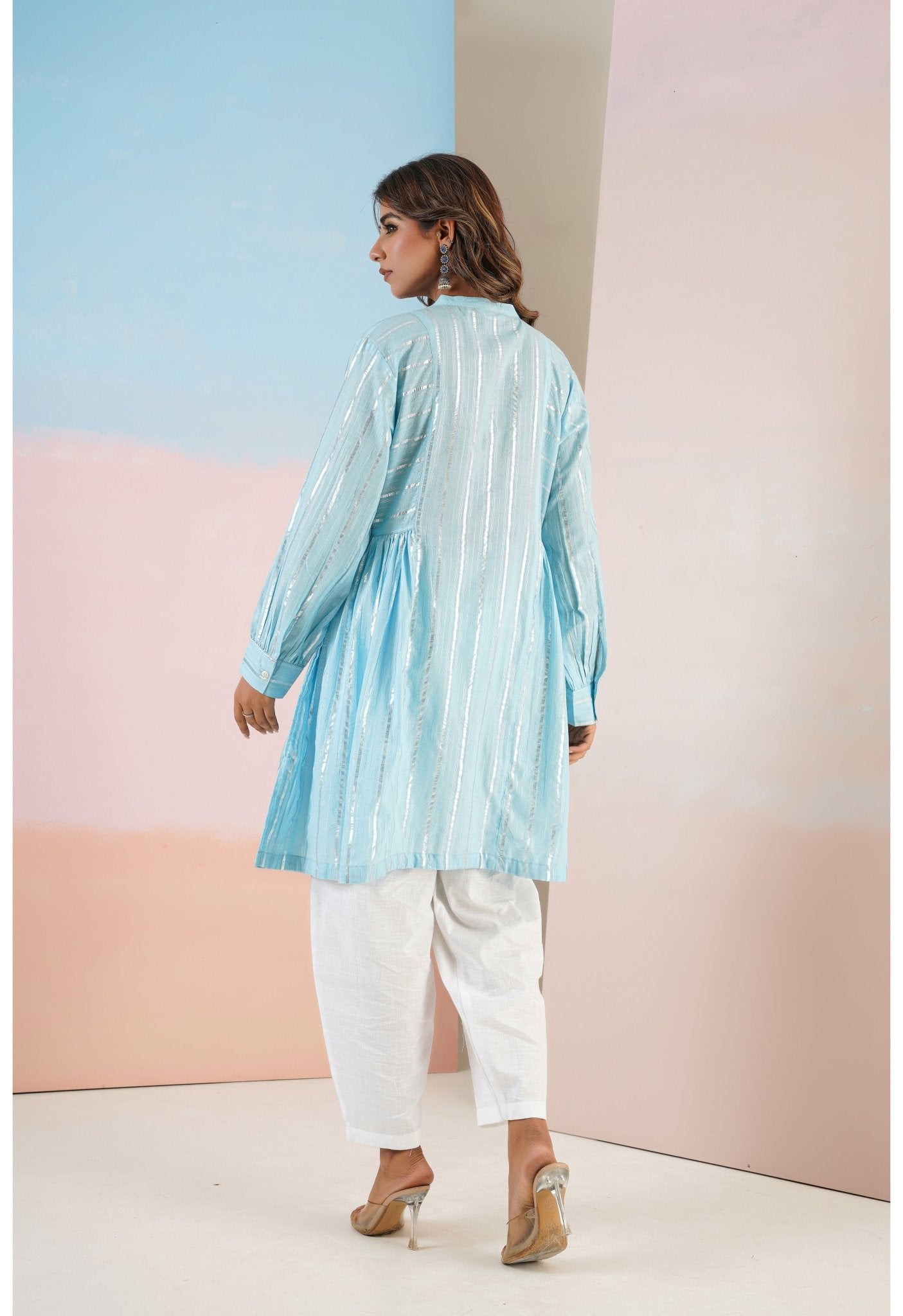 Cotton lurex Blue asymmetric Kurta - Tara - C - Tara