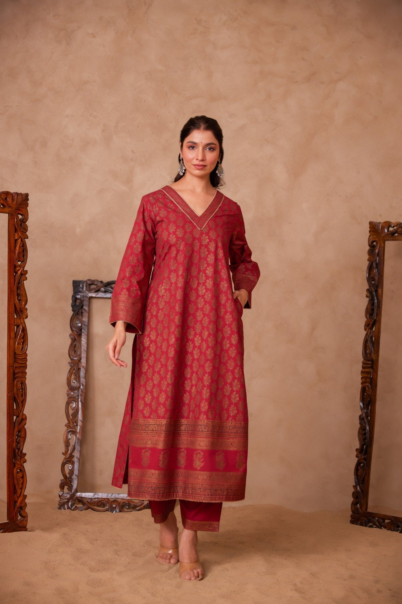 Cotton Maroon Hand Block Gold Printed Coord Set - Tara - C - Tara