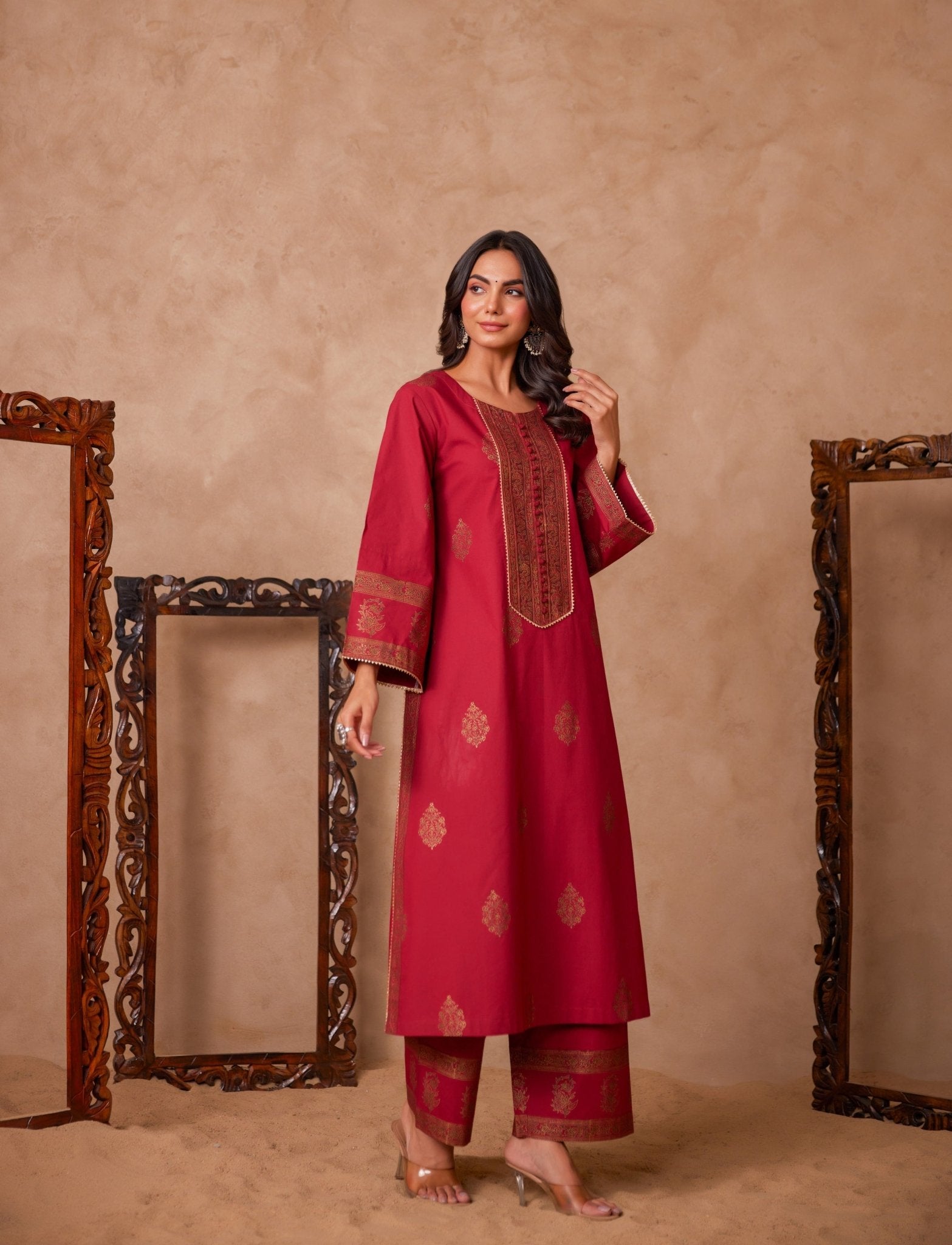 Cotton Maroon Hand Block Gold Printed Coord Set - Tara - C - Tara