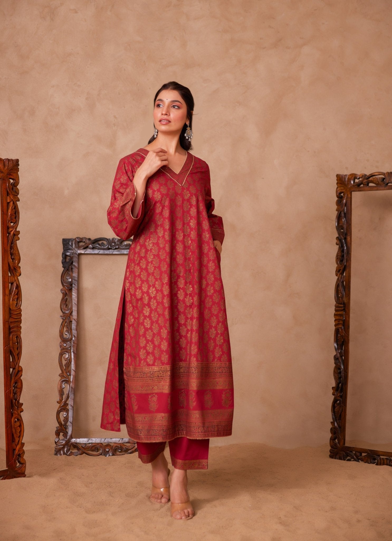 Cotton Maroon Hand Block Gold Printed Coord Set - Tara - C - Tara