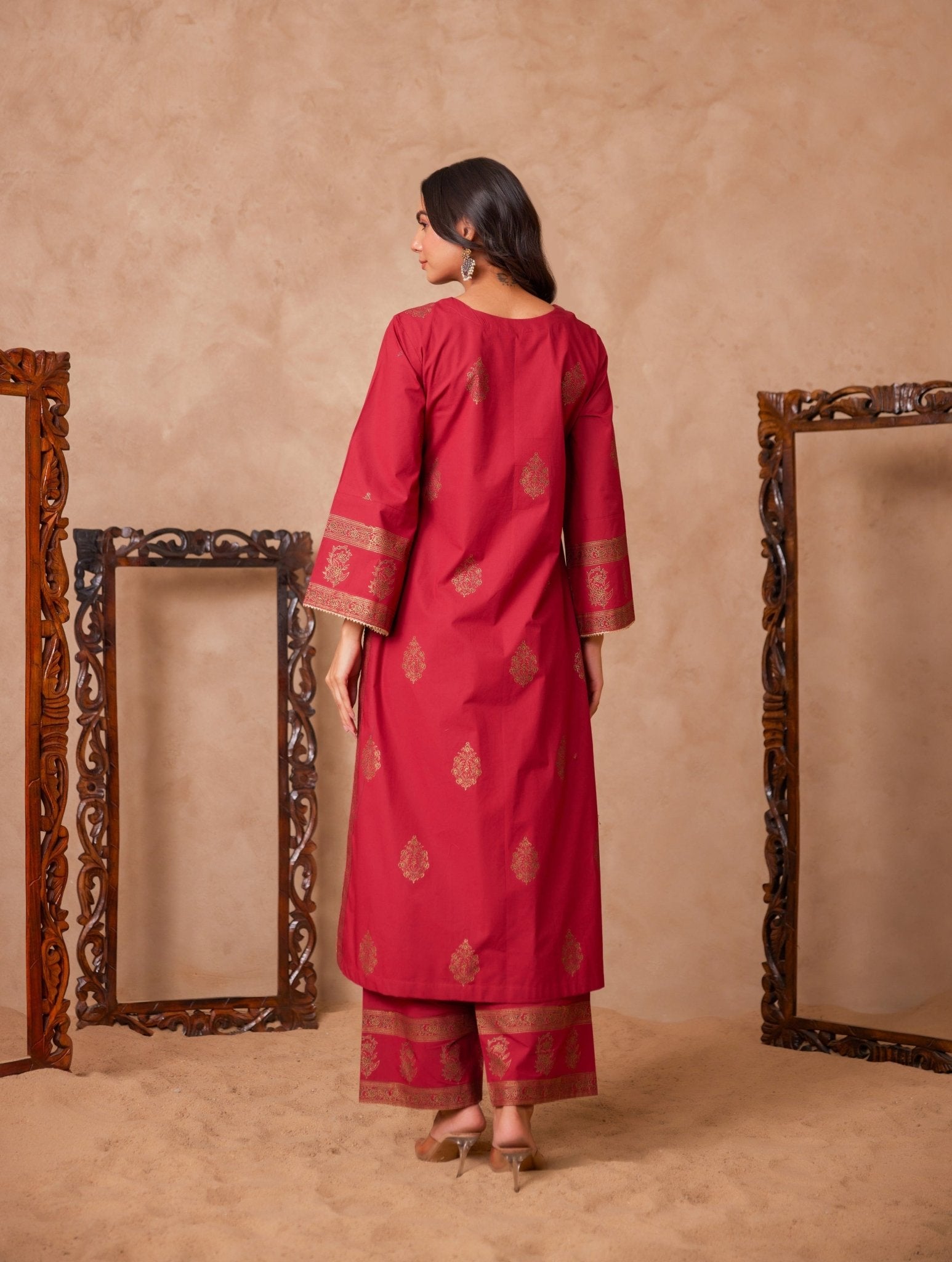 Cotton Maroon Hand Block Gold Printed Coord Set - Tara - C - Tara
