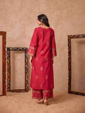 Cotton Maroon Hand Block Gold Printed Coord Set - Tara - C - Tara