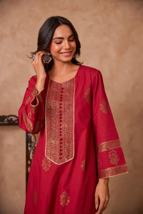 Cotton Maroon Hand Block Gold Printed Coord Set - Tara - C - Tara