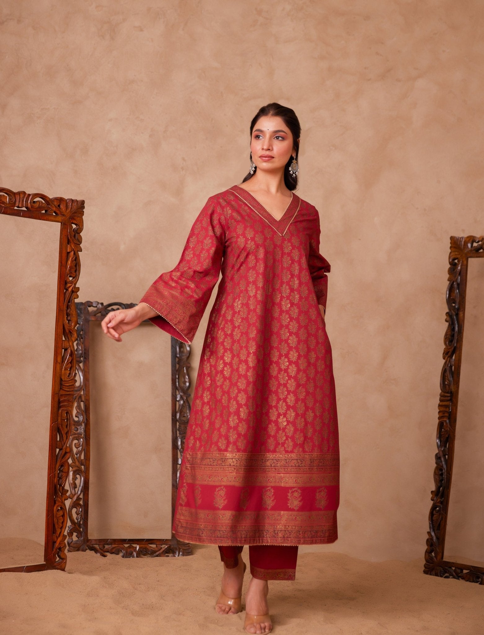Cotton Maroon Hand Block Gold Printed Coord Set - Tara - C - Tara