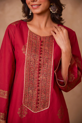 Cotton Maroon Hand Block Gold Printed Coord Set - Tara - C - Tara