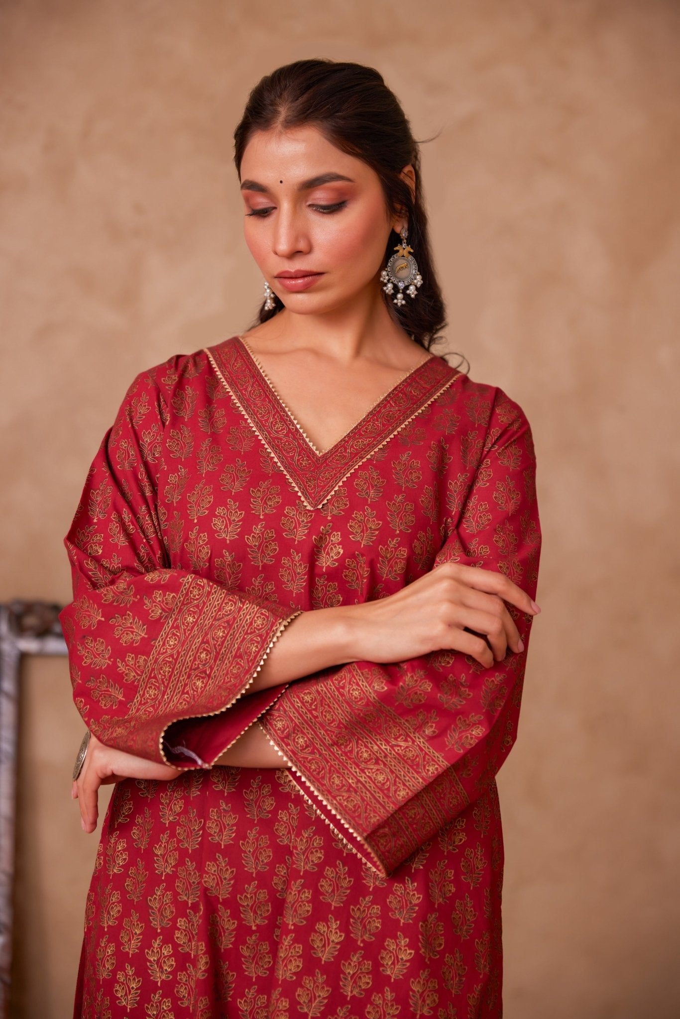 Cotton Maroon Hand Block Gold Printed Coord Set - Tara - C - Tara