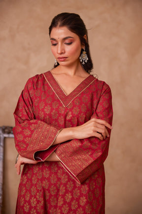 Cotton Maroon Hand Block Gold Printed Coord Set - Tara - C - Tara