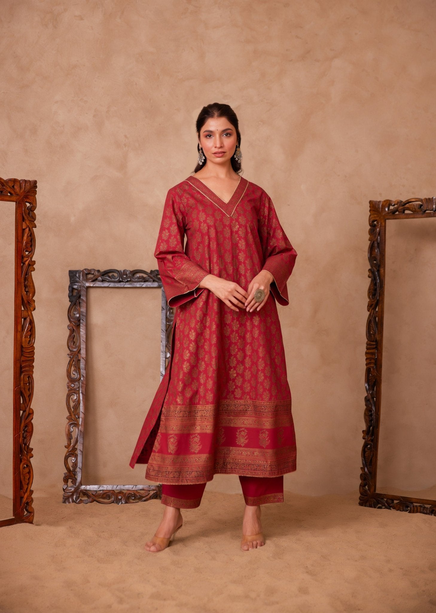 Cotton Maroon Hand Block Gold Printed Coord Set - Tara - C - Tara