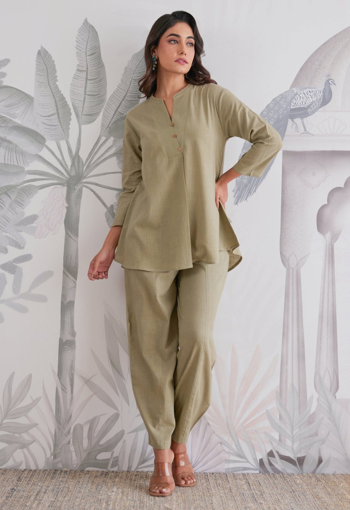 Cotton Slub Solid Khakhi Green Coord Set - Tara - C - Tara