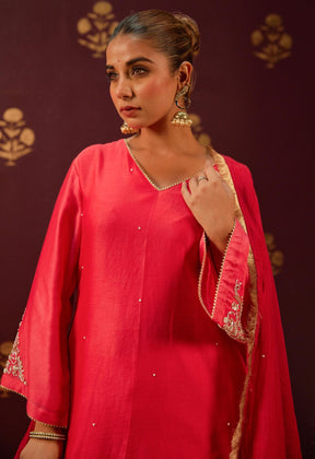 Crimson Splendor: Hand - Embroidered Chanderi Suit Set with Lace - Trimmed Dupatta - Tara - C - Tara