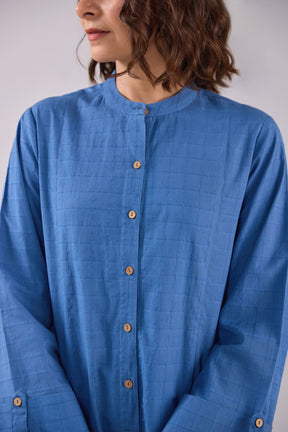 Denim Blue Checks Shirt Pleated Cotton Co-ord Set - Tara-C-Tara