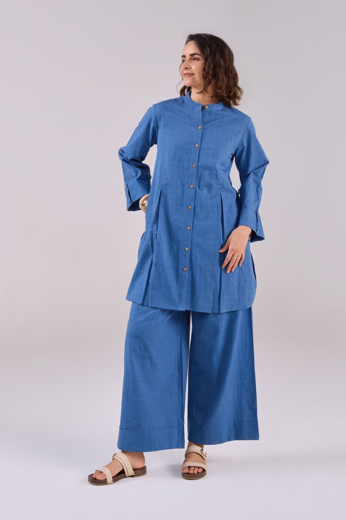 Denim Blue Checks Shirt Pleated Cotton Co-ord Set - Tara-C-Tara