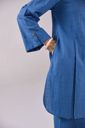 Denim Blue Checks Shirt Pleated Cotton Co-ord Set - Tara-C-Tara