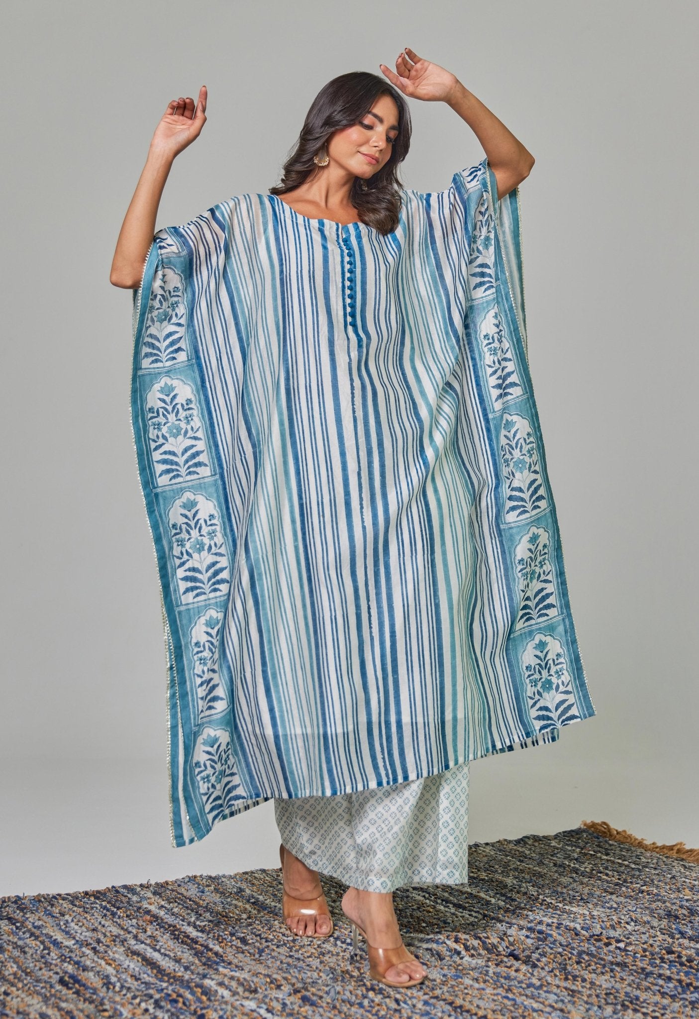 Elegance in Blue: Hand - Block Printed Off - White Chanderi Kaftan Set - Tara - C - Tara