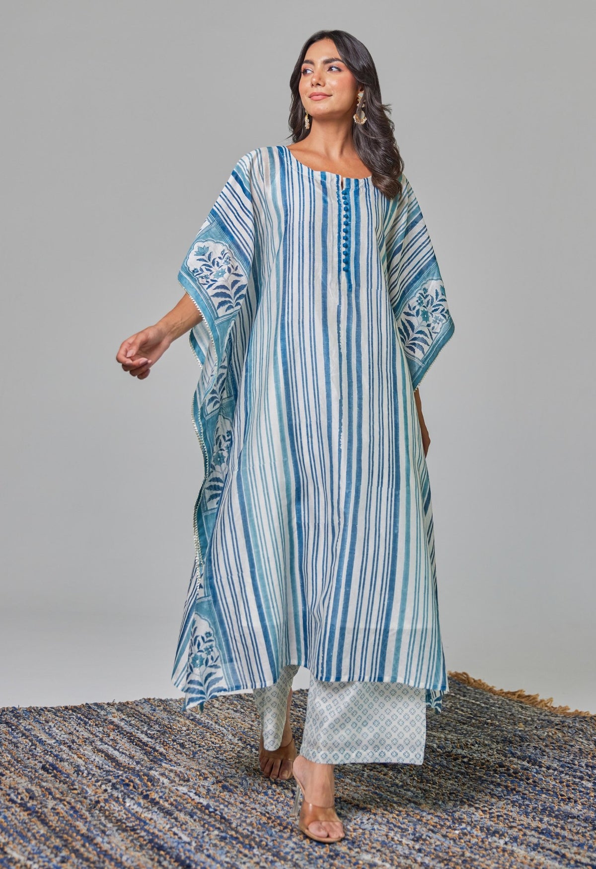 Elegance in Blue: Hand - Block Printed Off - White Chanderi Kaftan Set - Tara - C - Tara