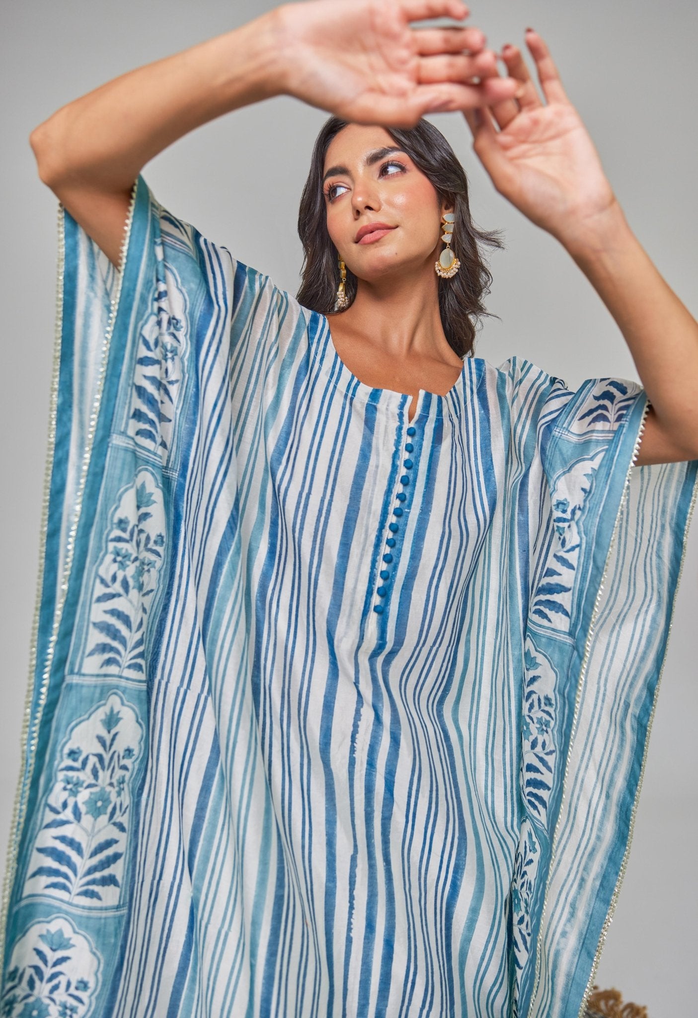 Elegance in Blue: Hand - Block Printed Off - White Chanderi Kaftan Set - Tara - C - Tara