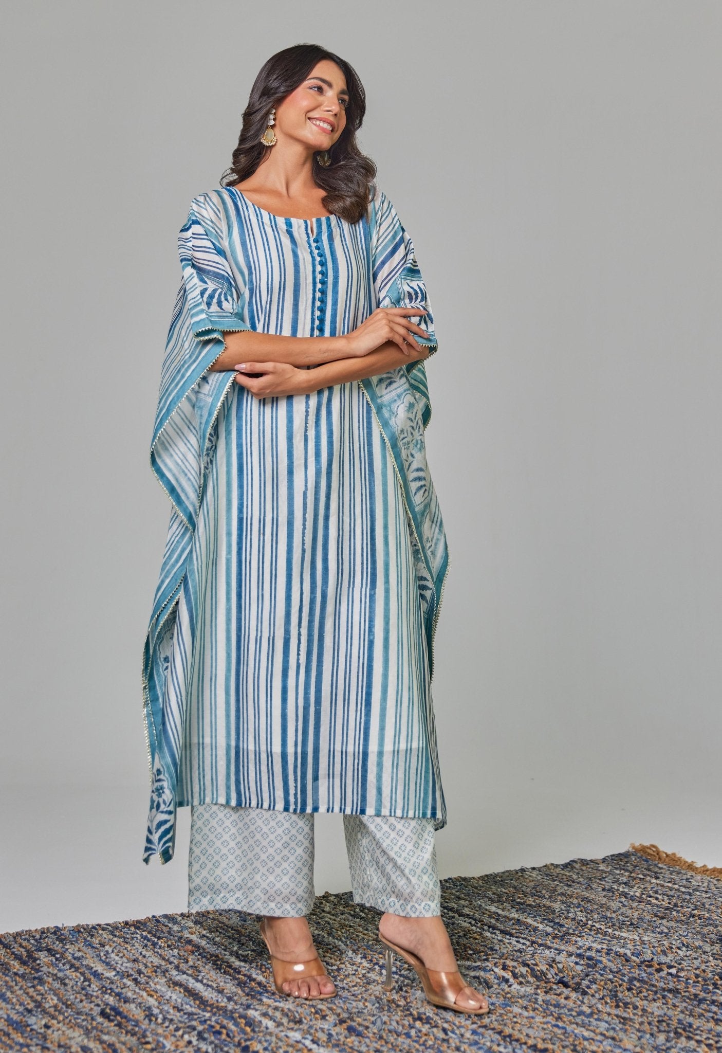 Elegance in Blue: Hand - Block Printed Off - White Chanderi Kaftan Set - Tara - C - Tara