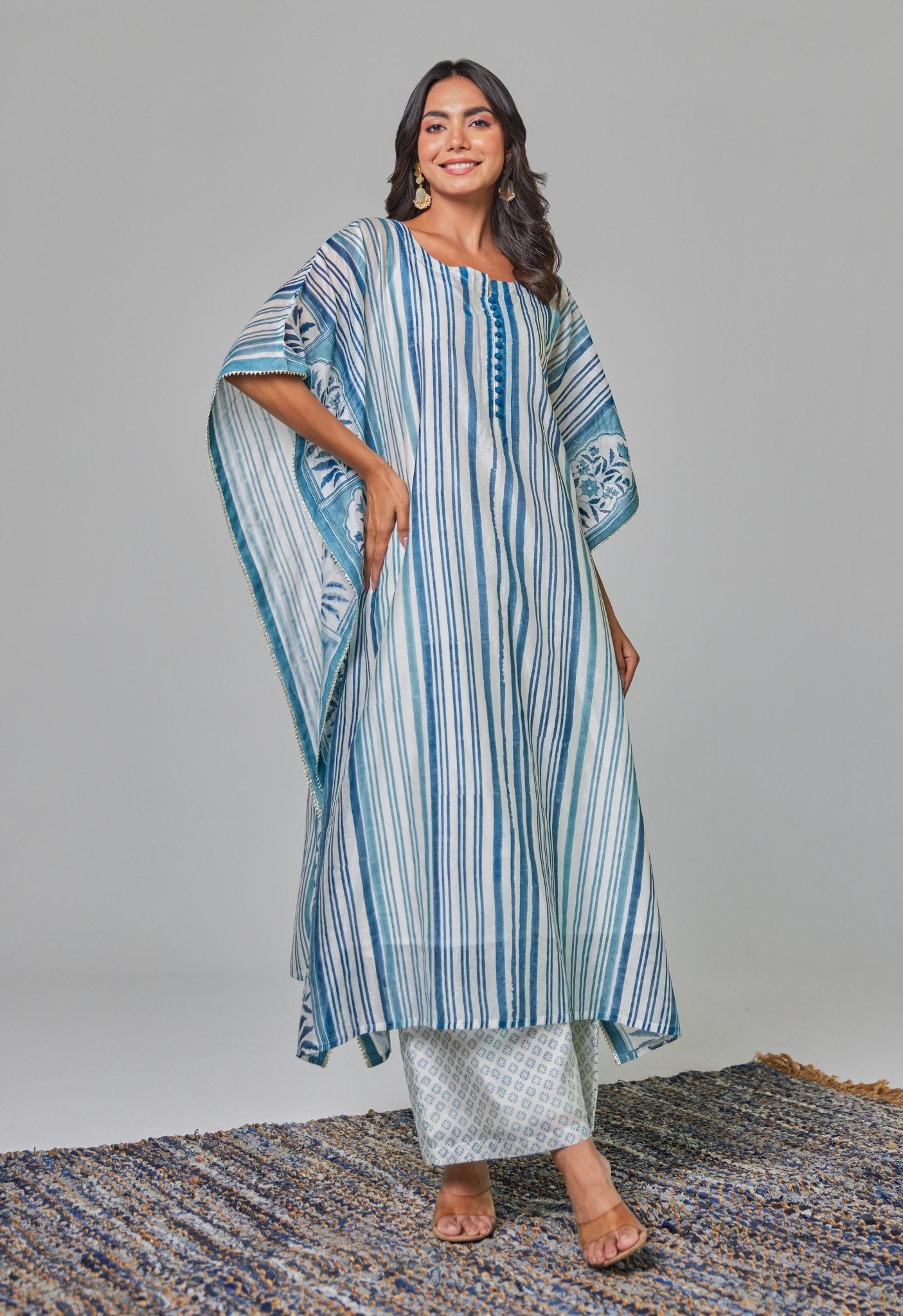 Elegance in Blue: Hand - Block Printed Off - White Chanderi Kaftan Set - Tara - C - Tara