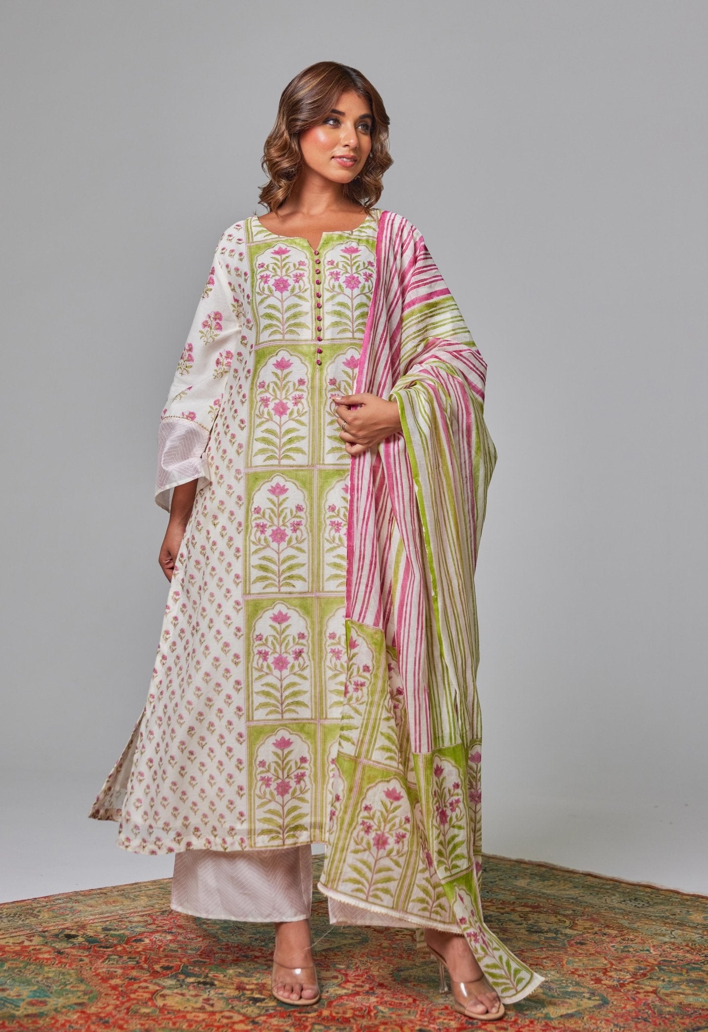 Elegant Blossoms: Hand Block Printed Off - White Chanderi Kurta Set - Tara - C - Tara