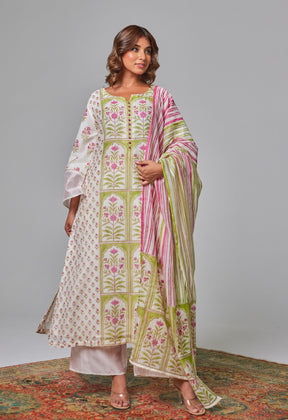 Elegant Blossoms: Hand Block Printed Off - White Chanderi Kurta Set - Tara - C - Tara